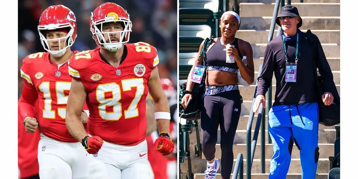 Patrick Mahomes and Travis Kelce of the Kansas City Chiefs (L) and Coco Gauff with her ex-coach Brad Gilbert (R) (Image Source: Getty)