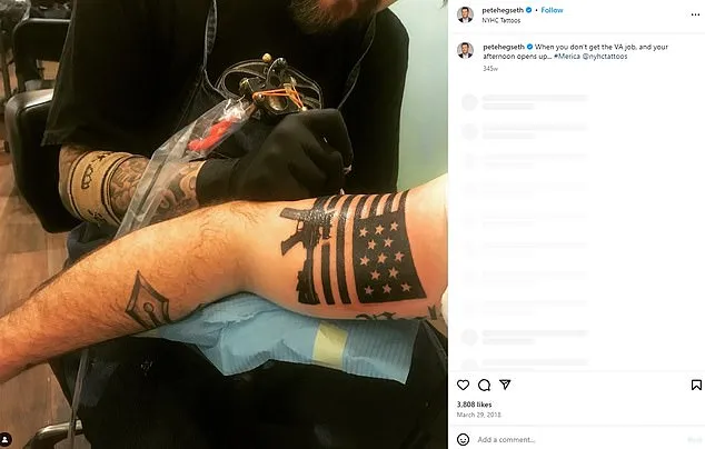 Hegseth getting one of his manny tattoos this one depicts the current flag of the USA with a gun below it
